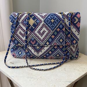Boho Tapestry Chain Shoulder Bag - Blue Woven Statement Handbag with Chain Strap